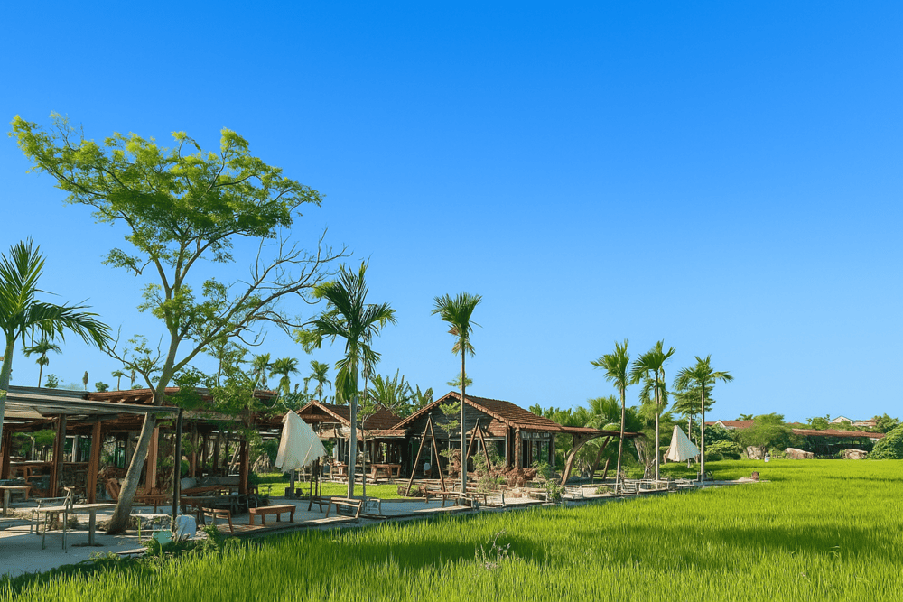 Roving Chill House is surrounded by peaceful countryside and lush rice fields, featuring spacious outdoor areas